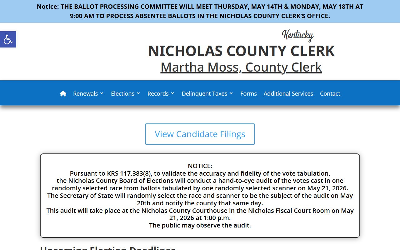 Nicholas County clerk records site separate from Circuit Court Clerk case records