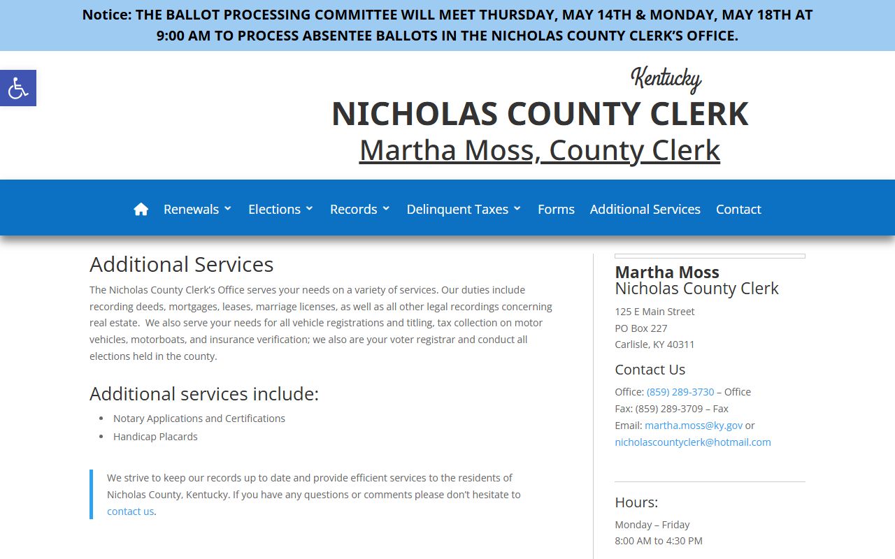 Nicholas County clerk services separate from court case records