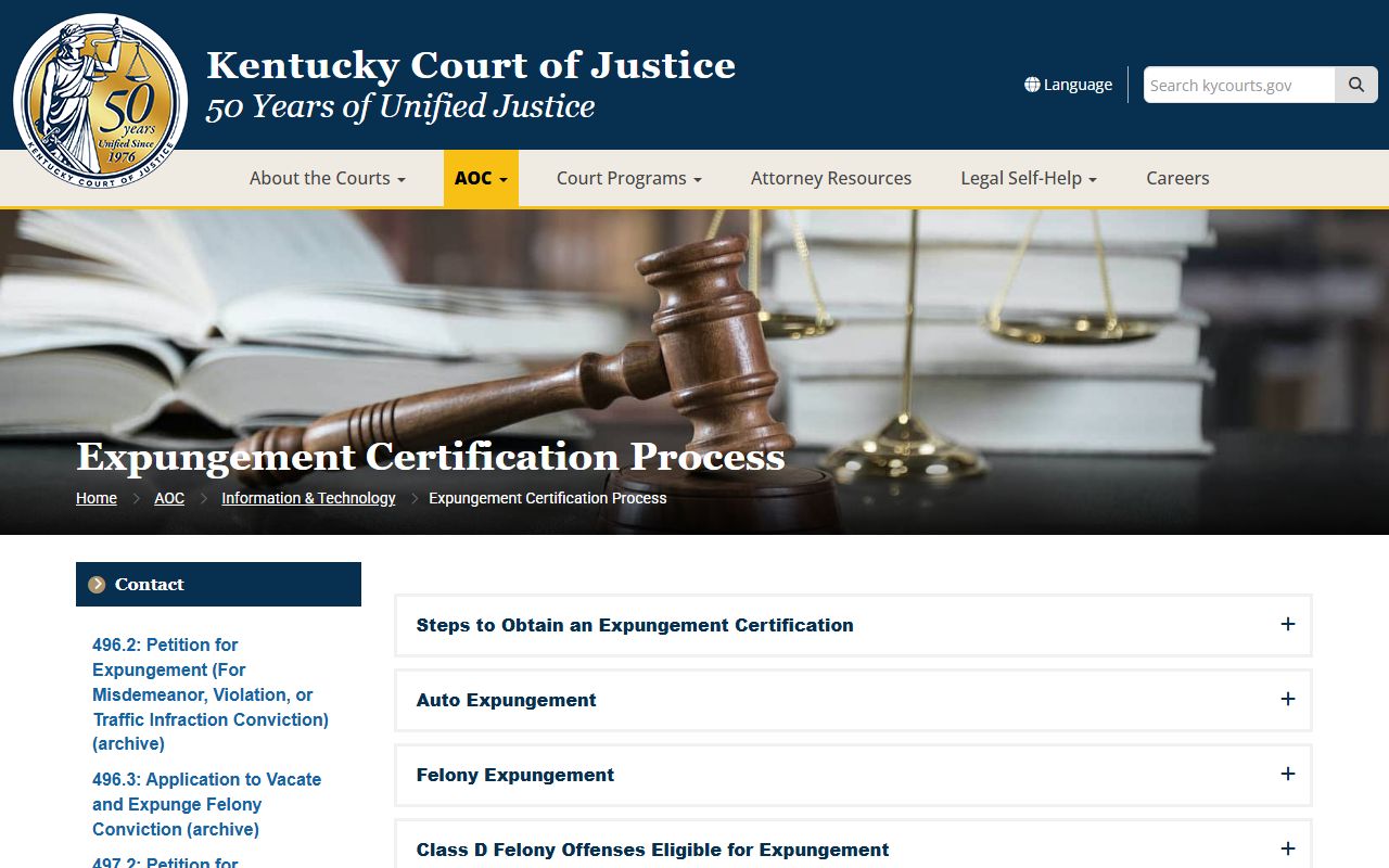 Nicholas County criminal court records Kentucky expungement certification page
