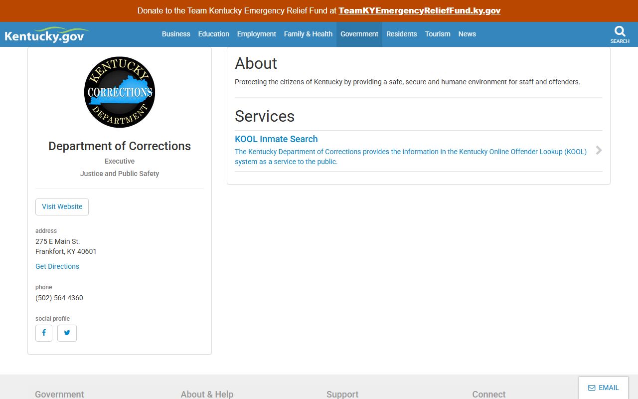 Nicholas County inmate search Kentucky Department of Corrections agency page