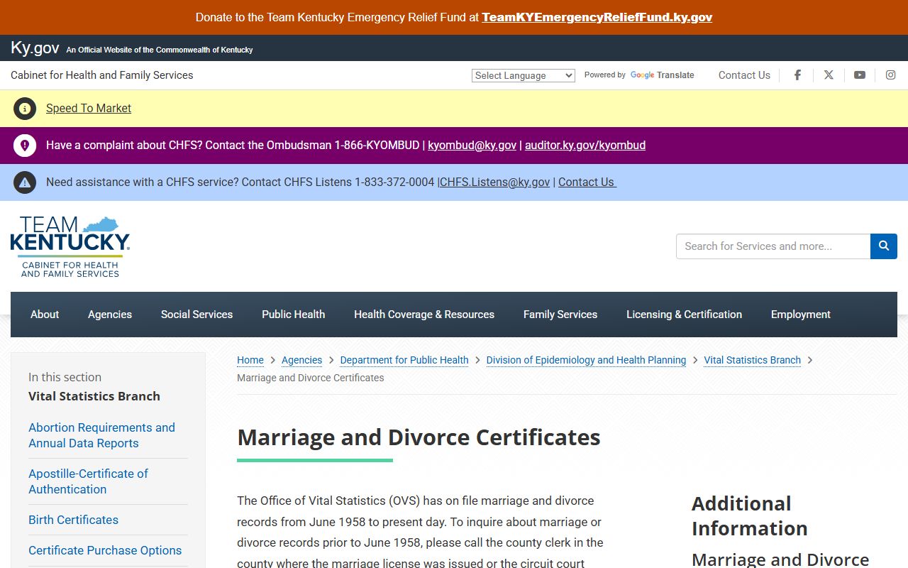 Nicholas County marriage and divorce records Kentucky OVS certificates page
