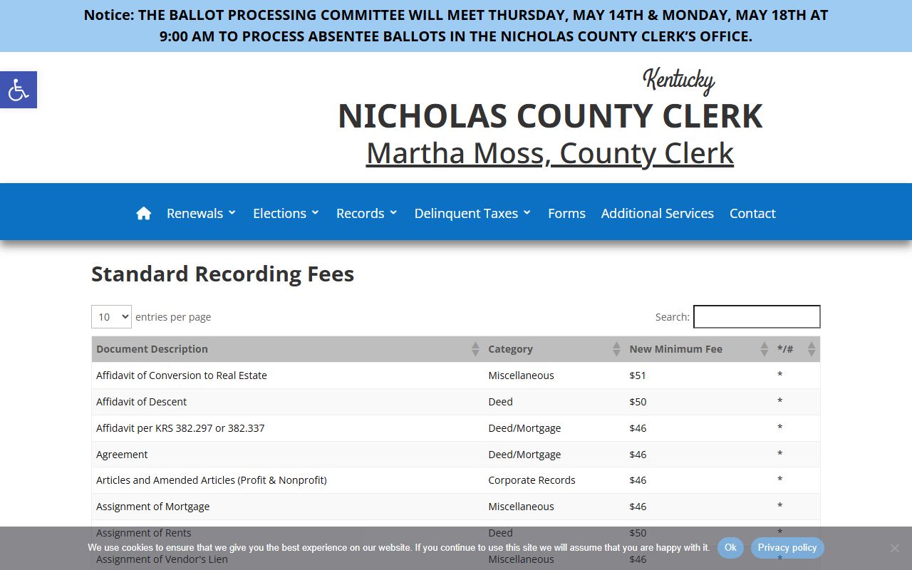 Nicholas County probate records will recording fee page