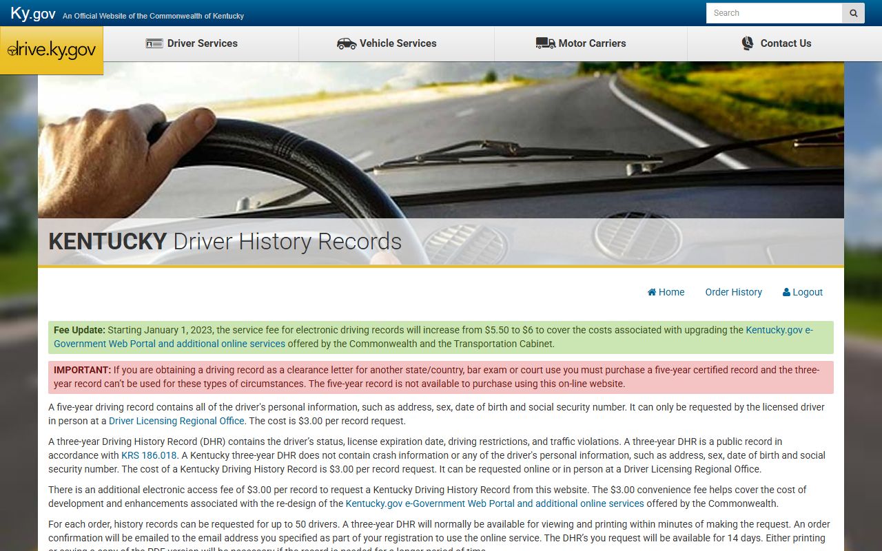 Nicholas County traffic records Kentucky online driver history portal