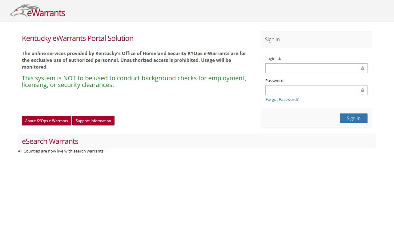 Nicholas County warrant records Kentucky eWarrants login page